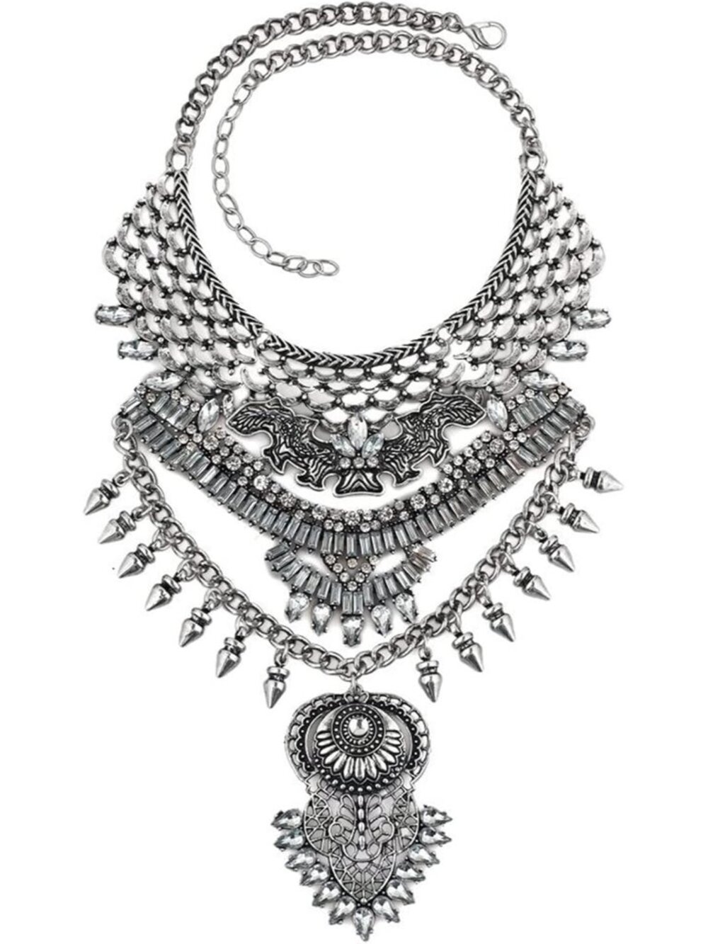 Long Tassel Chunky Boho Coin Statement Necklace For Women Silver
